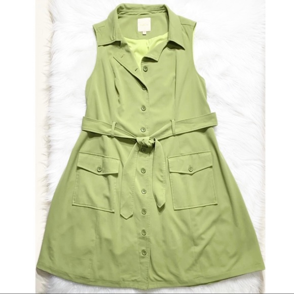 SOLD-Modcloth Buttondown Belted Olive Green Sleeveless Shirtdress - Picture 9 of 12